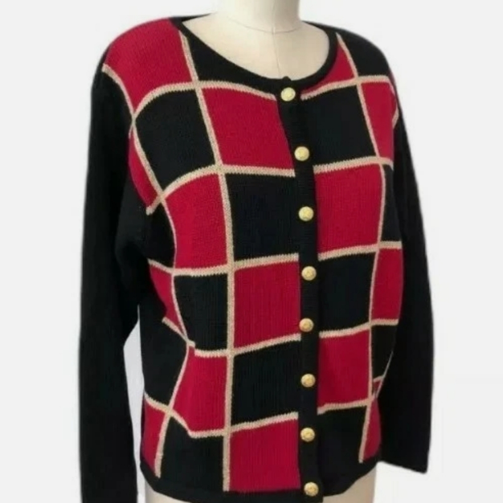 Lise J. Chic Black and Red Geometric Cardigan